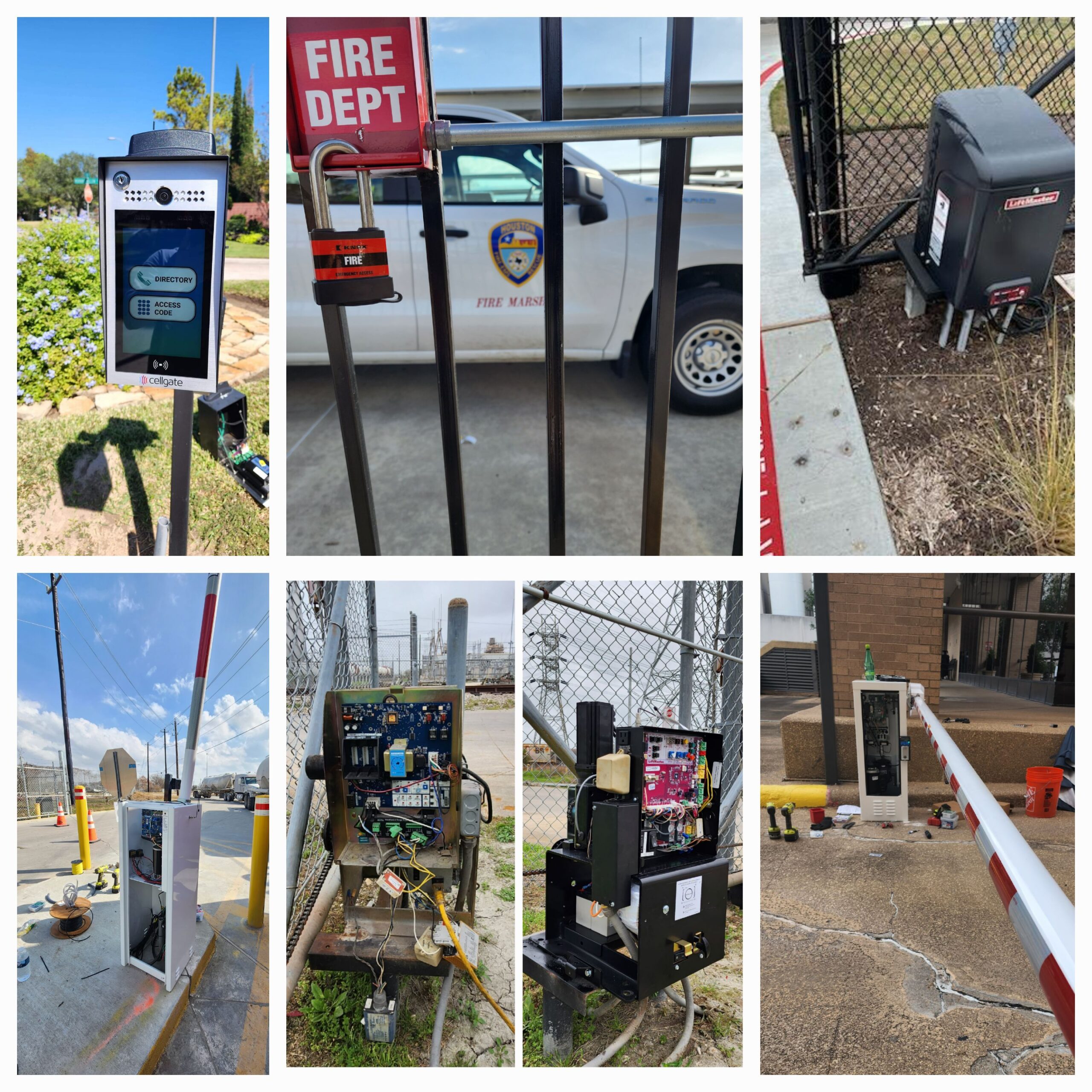 Knox 911 lock, LiftMaster slide gate, barrier arm, and CellGate camera keypad for commercial gate access