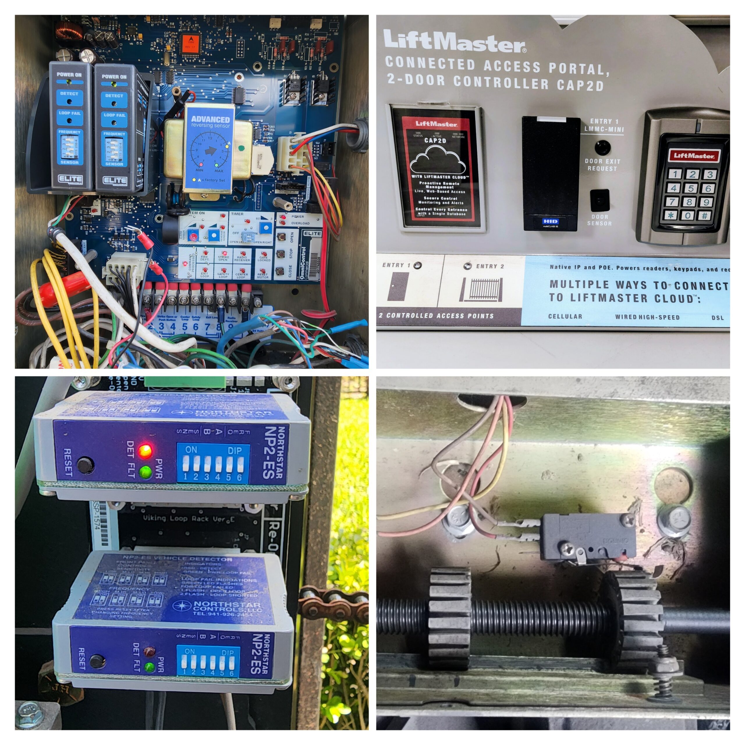 Chamberlain Elite slide gate opener board, loop detectors, LiftMaster KPR2000 keypad, and limit switch replacement