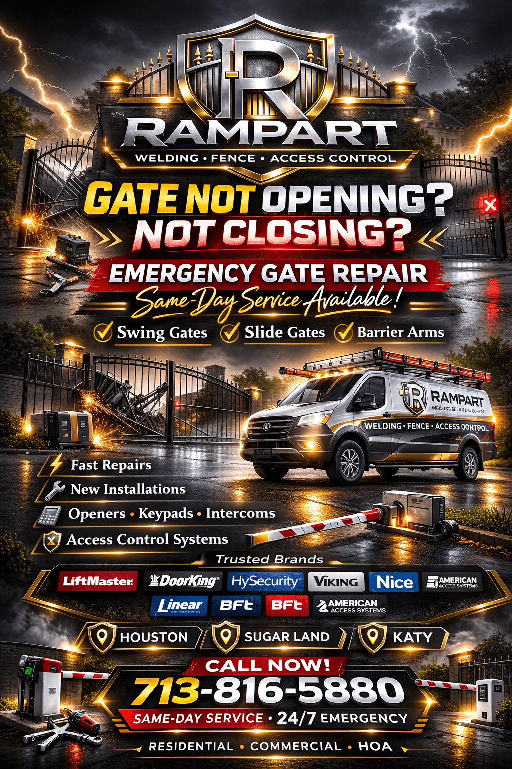 Emergency gate repair service for swing gates, slide gates, and gate openers in Houston TX