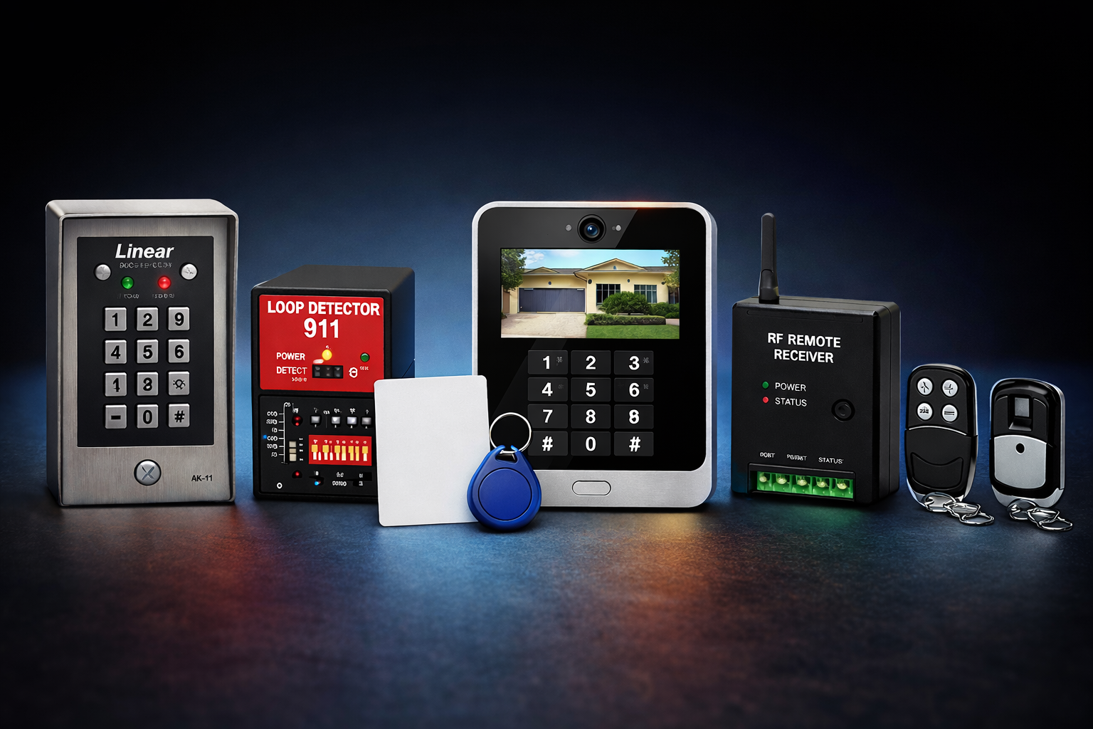 automatic gate accessories including keypad loop detector remote receiver and access control devices