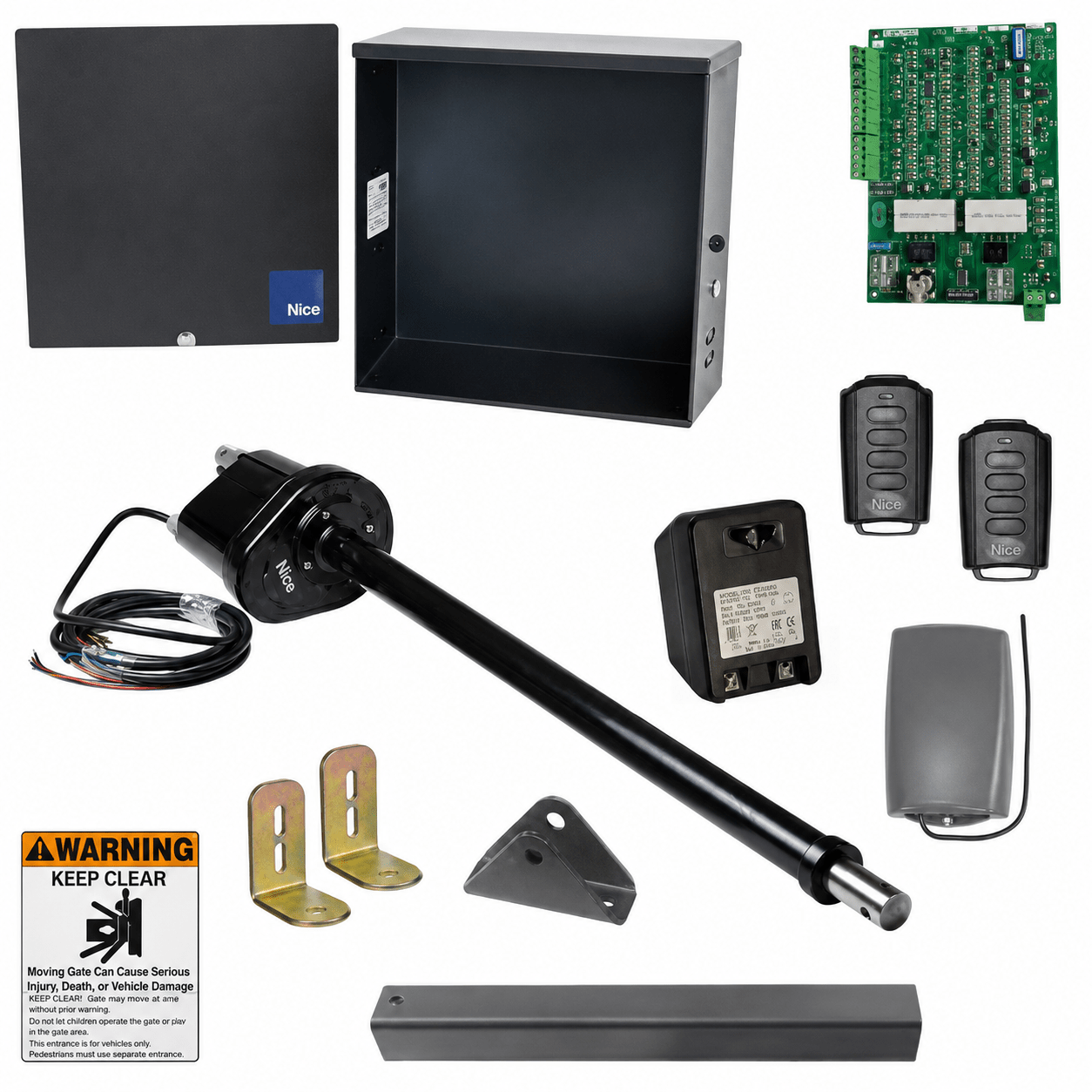 Nice Apollo residential swing gate opener kit with control box, arm, remotes, receiver, transformer, and control board for Houston gate installation